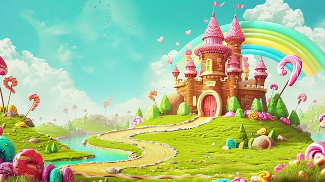 Castle in Fantasy land of fairy tale with palace, many candy lollipop, green grass, rainbow, river, cartoon animation video background for live wallpaper looping See Less    