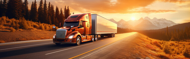 Panoramic view on large truck on a highway road through the countryside in a beautiful sunrise. Generative AI