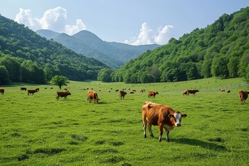 Fototapeta na wymiar Cow eating grass on a green meadow