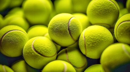 Tennis balls background after the game. Close up view of green tennis balls. - obrazy, fototapety, plakaty