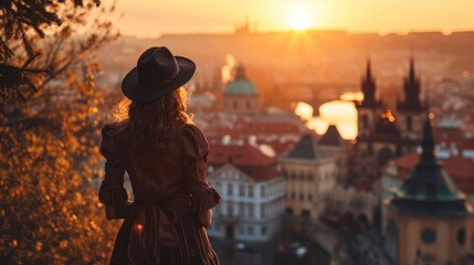 A graceful lady standing with a view of historic buildings in the city of Prague, Czech Republic in Europe.