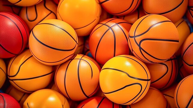 Basketball balls background. Top view of orange and yellow balls.