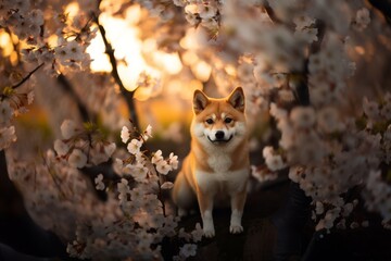 Puppy under a flowering tree in spring