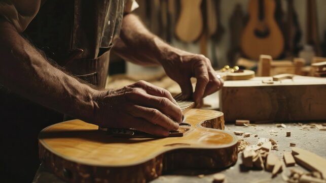 Focused Artisan Working With Wood While Building Guitar     