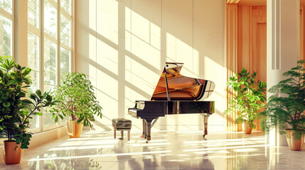 Classic grand piano in aesthetic minimalist style room interior full of light. Peach fizz colour...