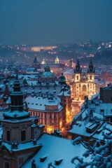 Beautiful historical buildings in winter with snow and fog in Prague city in Czech Republic in Europe.