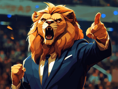 An AI generative image of angry and furious lion as football manager in the stadium.