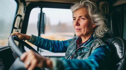 Middle aged female truck driver on the road    