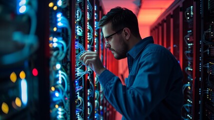 Network engineer working in a telecom rack    
