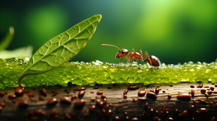 Ants help biting green leaf to build nest - animal behavior , Generate AI