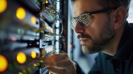 Network engineer working in a telecom rack     