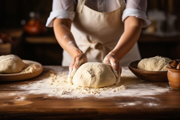 Obraz na płótnie Canvas hands kneading dough on wooden kitchen table