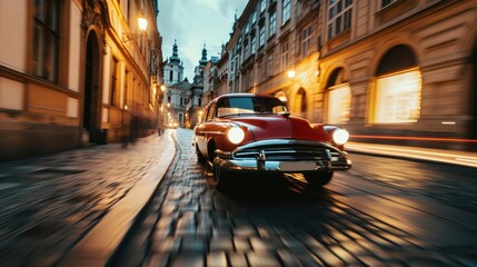 Vintage car in the street of Prague. Czech Republic in Europe. - obrazy, fototapety, plakaty