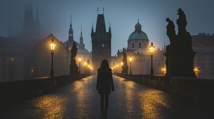 Silhouette of a girl in Charles bridge with historic buildings in the city of Prague, Czech Republic in Europe.