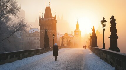 Naklejka premium A lady walking in a winter morning on Charles Bridge with snow and historic buildings in the city of Prague, Czech Republic in Europe.