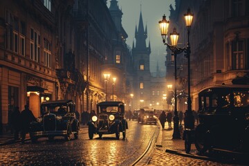 Historical street view of Prague City in 1930's. Czech Republic in Europe.