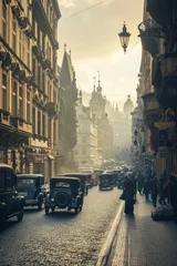 Gordijnen Historical street view of Prague City in 1930's. Czech Republic in Europe. © Joyce