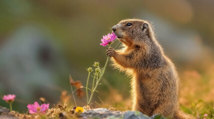 Naklejka na ściany i meble une marmotte au printemps respire le parfum d'une petite fleur sauvage