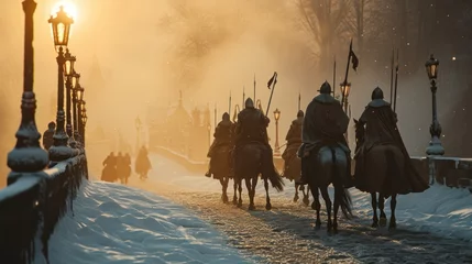  A team of medieval cavalry in armor on horseback marching in Prague city in Czech Republic in Europe. © Joyce