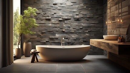 A small bathroom into a spa-like oasis with a freestanding bathtub and natural stone tiles.