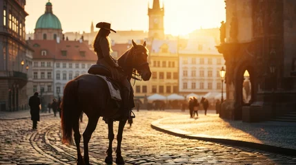 Zelfklevend Fotobehang Lifestyle portrait of a beautiful Medieval lady on horseback in Prague city in Czech Republic in Europe. © Joyce