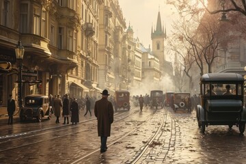 Obraz premium Historical street view of Prague City in 1930's. Czech Republic in Europe.