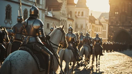 Tuinposter A team of medieval cavalry in armor on horseback marching in Prague city in Czech Republic in Europe. © Joyce