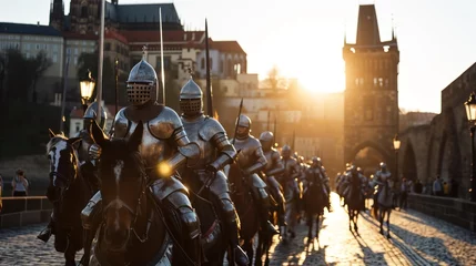 Gordijnen A team of medieval cavalry in armor on horseback marching in Prague city in Czech Republic in Europe. © Joyce
