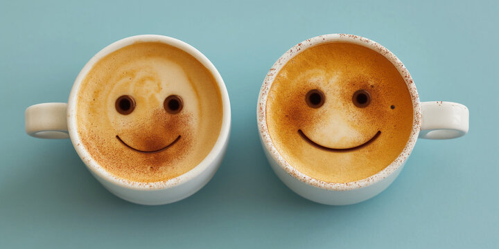 Kaffee in Tassen mit lustige lachenden Gesichter im Milchschaum im Querformat f&uuml;r Banner