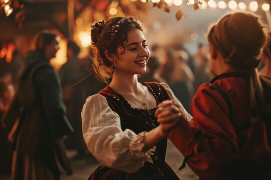 Lifestyle portrait of a beautiful Medieval lady dancing with her partner in a party in Prague city in Czech Republic in Europe.
