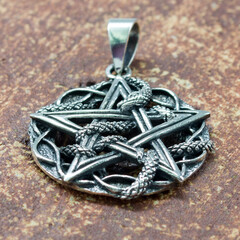 Silver Pentagram and snake pendant. 925 silver. Occult accessory, dark magic. Satan, Baphomet,...