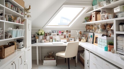 A small nook into a craft room with ample storage and a creative workspace. - obrazy, fototapety, plakaty