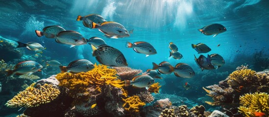 Fototapeta na wymiar Underwater photography captures marine life, including a school of sea breams and a coral reef.