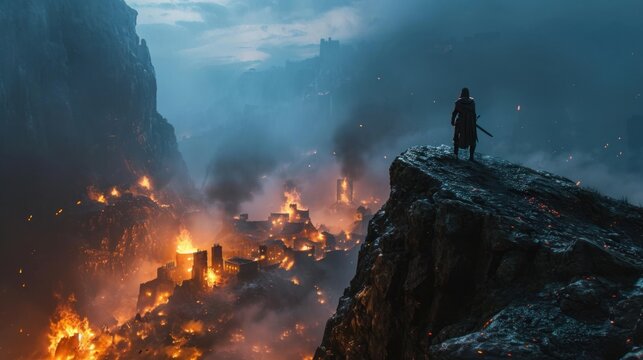 Misty mountain with a medieval warrior on top overlooking a burning city.