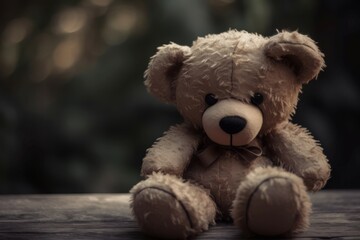 Plush brown bear. Adorable and endearing teddy with beautiful dark bow. Generate AI