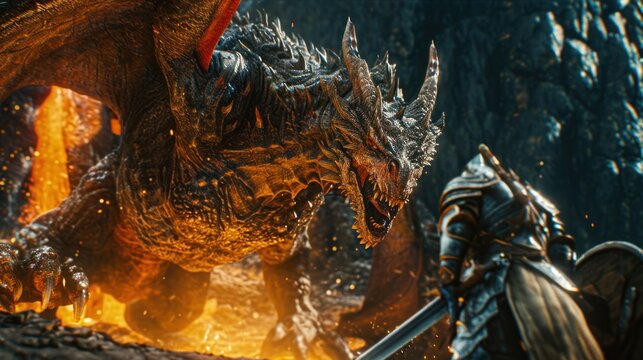 Angry evil dragon with red eyes and fire flames confronted with a medieval warrior.
