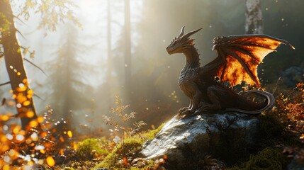 Obraz premium Cute baby dragon stand resting with its wings folded in a foggy forest.