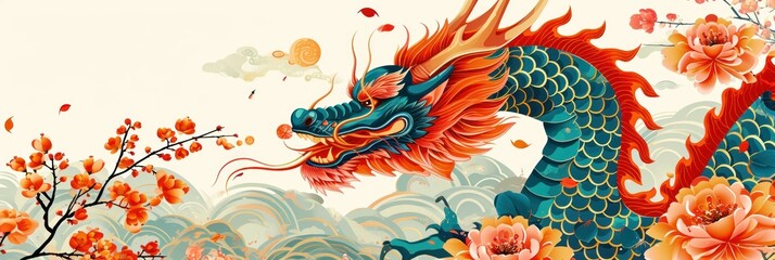 Chinese lunar new year celebration template with zodiac dragon web banner design. - obrazy, fototapety, plakaty