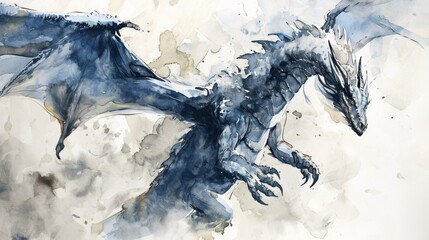 Watercolor drawing of dragon over white background. - obrazy, fototapety, plakaty