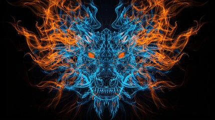 Close-up view of the head of a dragon made from fire and lights.