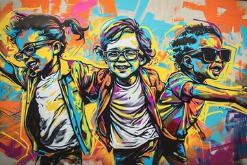 Graffiti on the wall of children in bright clothes. Colored background