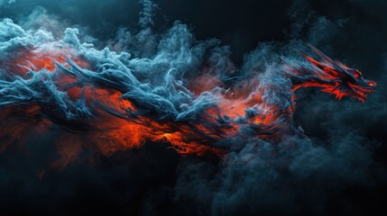Powerful dragon flying in sky with clouds and fire flame. - obrazy, fototapety, plakaty