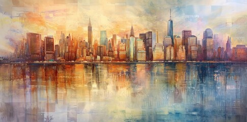 New York City panorama with skyscrapers and water reflection.