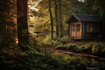 Cozy cabin surrounded by autumn forest near tranquil pond. Tranquil nature retreat.