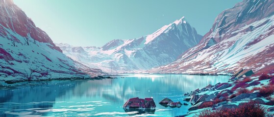 panorama of beautiful glacier mountains covered with snow with a lake