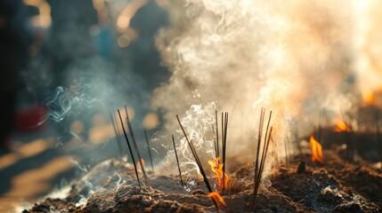 Close-up view of incense burning in temple with smoke to celebrate Chinese lunar new year. - obrazy, fototapety, plakaty