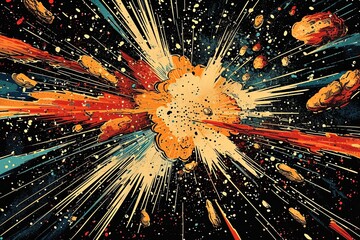 Explosion in space on black background drawing in the style of old comics from the 70s.