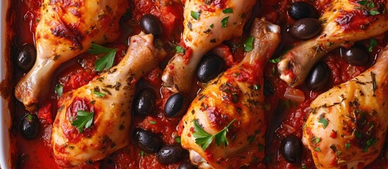 Close-up horizontal view of chicken legs baked with olives in tomato sauce.