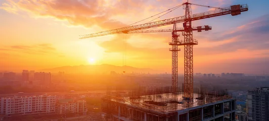 Fotobehang Sunset silhouette of a bustling construction site with multiple cranes against the orange sky, showcasing the dynamic intersection of industry and urban development in a city landscape © KN Studio