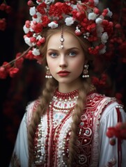 woman wearing a woven flower wreath and Ukrainian folk attire, creating a graceful and culturally authentic portrait.